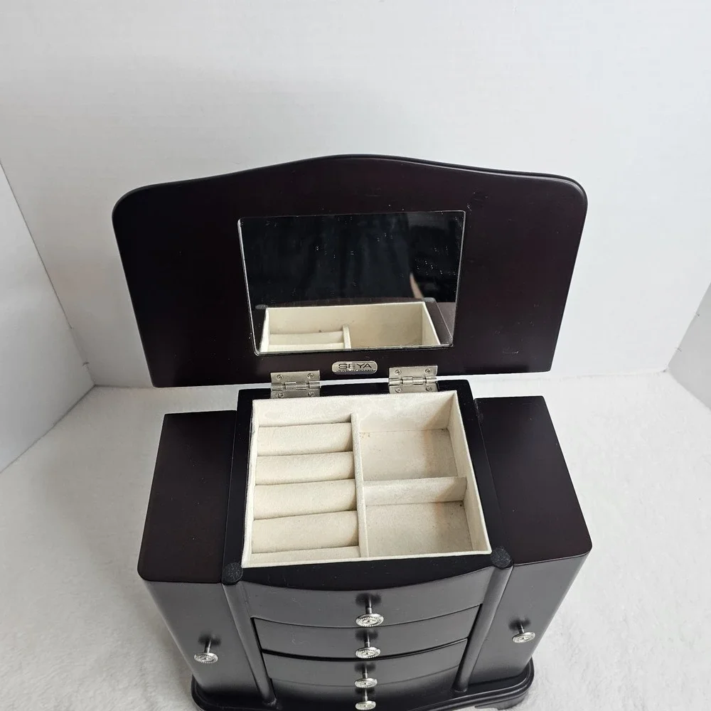 Brown Wooden Jewelry Box with Mirror, Velvet Lining, Drawers, Hooks for Jewelry